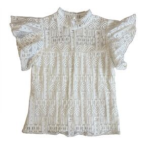 Vintage Miss Kelly 1999 White Embroidered Mock Neck Blouse Large Cottagecore Top